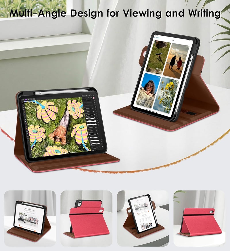 DTTO for iPad A16 Case, iPad 11th / 10th Generation Case (2025/2022), 360 Degree Rotating Premium Leather Folio Stand Cover with Pencil Holder, Watermelon Red - Image 2